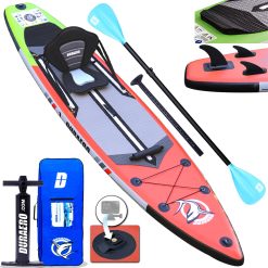 Tabla Hinchable de Paddle Surf con Asiento de Kayak, 330 x 76 x 15 cm, hasta 150 kg, Almohadilla Integrada, Aleta Desmontable, Doble Remo Ajustable, Kit de Reparación (Rojo)