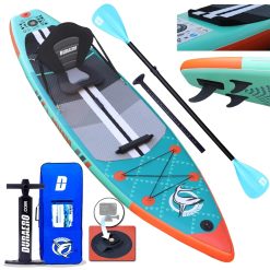 Tabla Hinchable de Paddle Surf, Asiento de Kayak, 330 x 76 x 15 cm, hasta 150 kg, Almohadilla Integrada, Aleta Desmontable, Doble Remo Ajustable, Kit de Reparación, Verde Menta