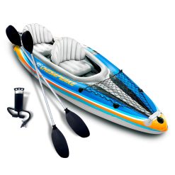 Sunlite Sports 2-Person Inflatable Kayak with Aluminum Oars (136" x 33"), High Output Air Pump and Storage Bag, Double Tandem Kayak for Adults, Two Person Canoe and Kayak, Good for Lakes and Rivers